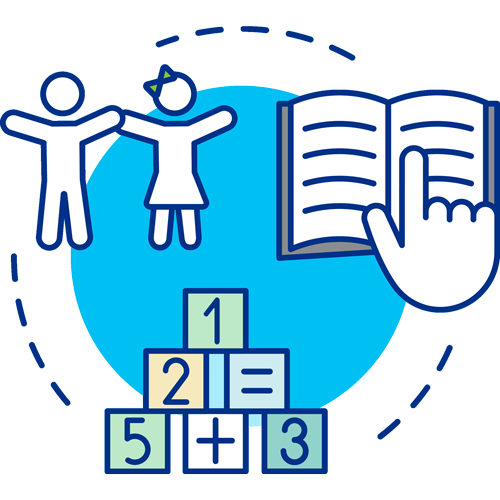 icon with children, learning blocks and a book