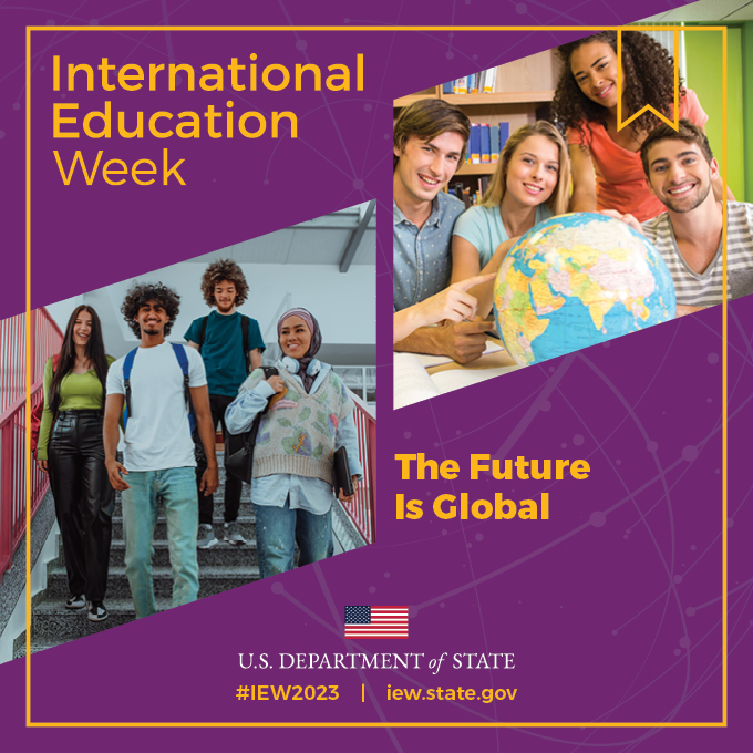 The image is a promotional graphic for International Education Week. It features a collage of photos and graphics. On the left, there's a diverse group of five young adults, presumably students, walking down the stairs. The group appears cheerful and casual, with one of them carrying a backpack. On the right, two students are studying a globe, symbolizing global education. At the bottom, there's text reading "International Education Week" and "The Future Is Global." Additionally, there's branding for the U.S. Department of State, with their website "iew.state.gov" and the hashtag "#IEW2023" included. The color scheme includes purple and yellow, with a geometric design that adds a modern and dynamic feel to the graphic.