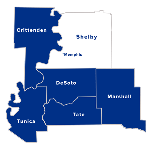 map of Shelby County, DeSoto County, Marshall County, Tunica County and Tate County