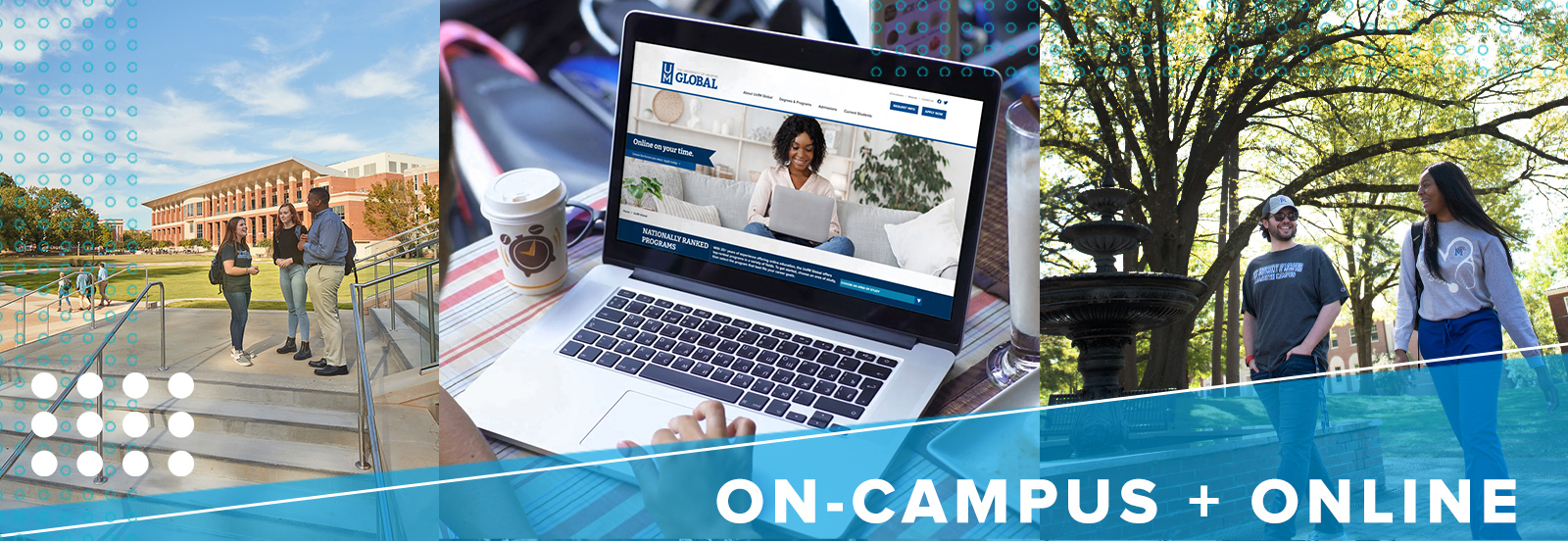 On-Campus + Online (image of Central campus, Global website on laptop and Lambuth campus