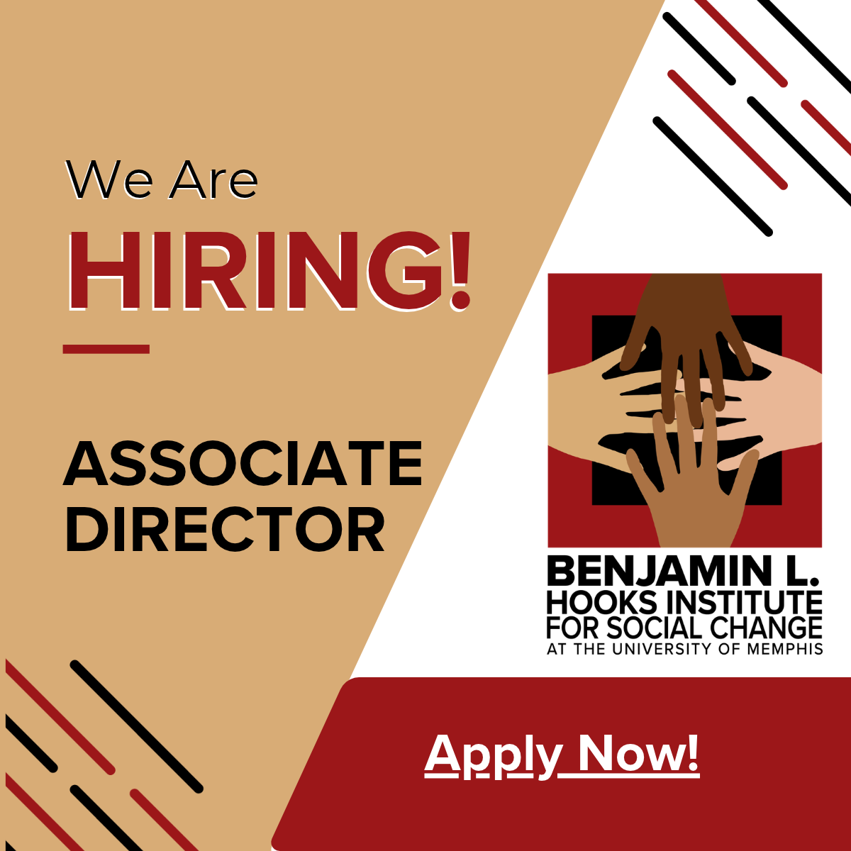 We are hiring! is written in red letters on a tan background.  Associate Director is written in black letters with the Hooks Institute logo of four hands of different skintones coming together.  