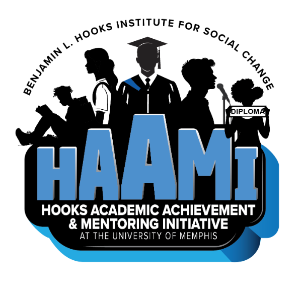 HAAMI logo featuring silouettes of students reading, walking to class, graduating, speaking into a microphone, and holding a diploma.
