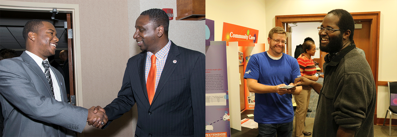 (Left) HAAMI student shakes hand with African American male. (Right) HAAMI student and SunTrust representative laugh in a HAAMI financial session.
