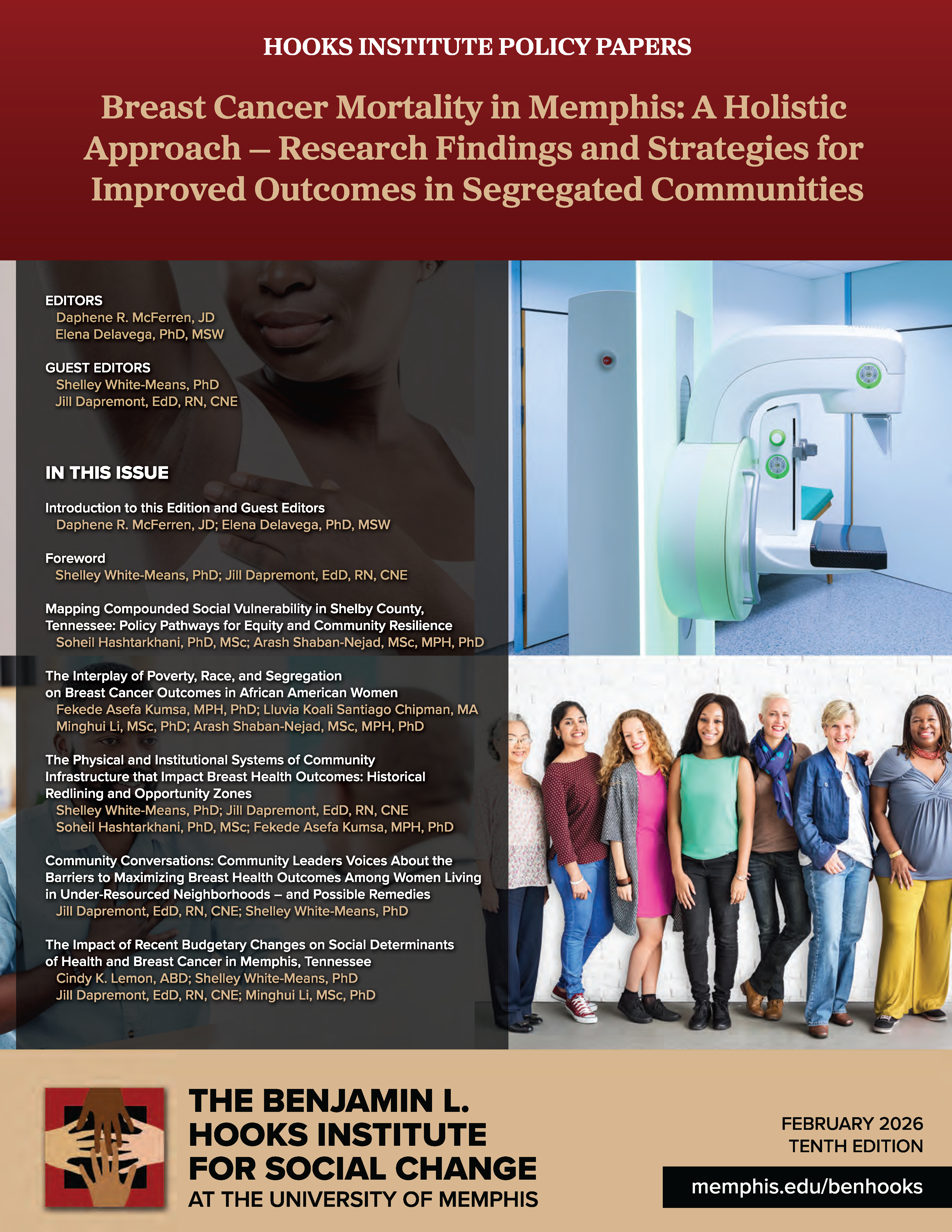 The cover of the 2026 Hooks Policy papers features photos of a mammogram machine and a group of women of varying ages and ethnicities smiling at the camera.