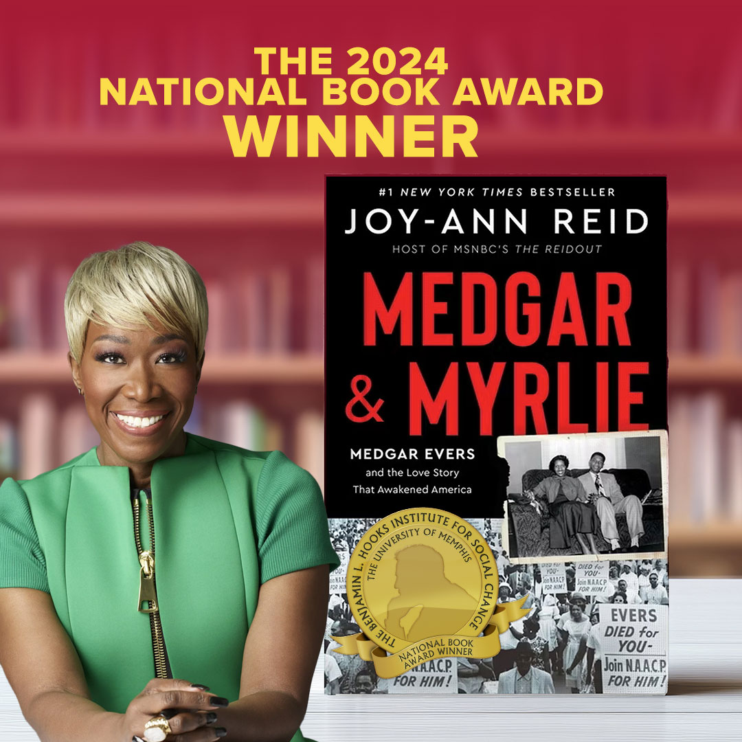 Author Joy-Ann Reid smiles beside a graphic of her book, 'Medgar and Myrlie: Medgar Evers and the Love Story that Awakened America." Ms. Reid is an African-American woman with short blonde hair.  She is wearing a green dress.