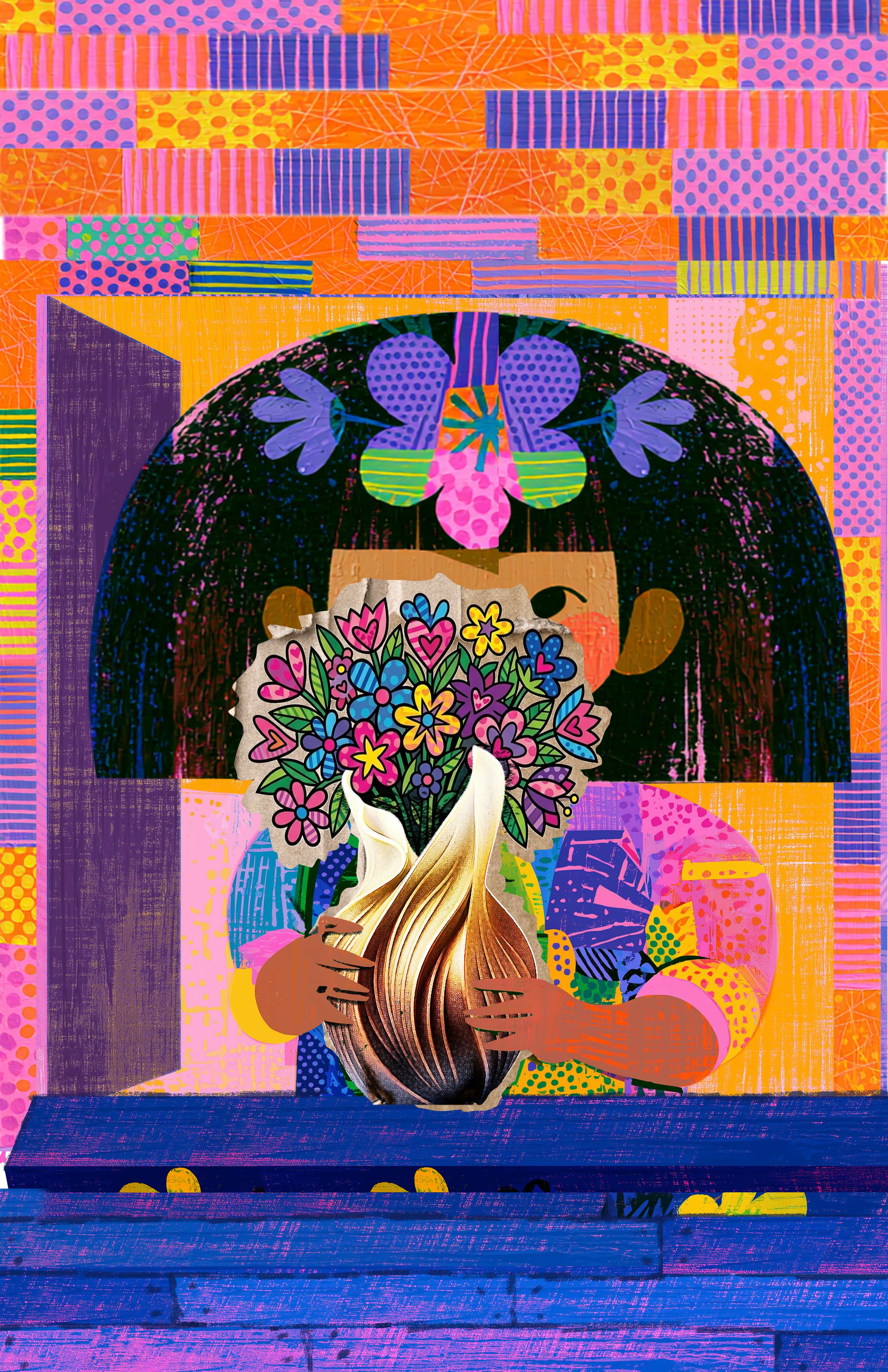 art award logo girl holding a vase of flowers.  The vase is made of flame, and the flowers are multicolor.
