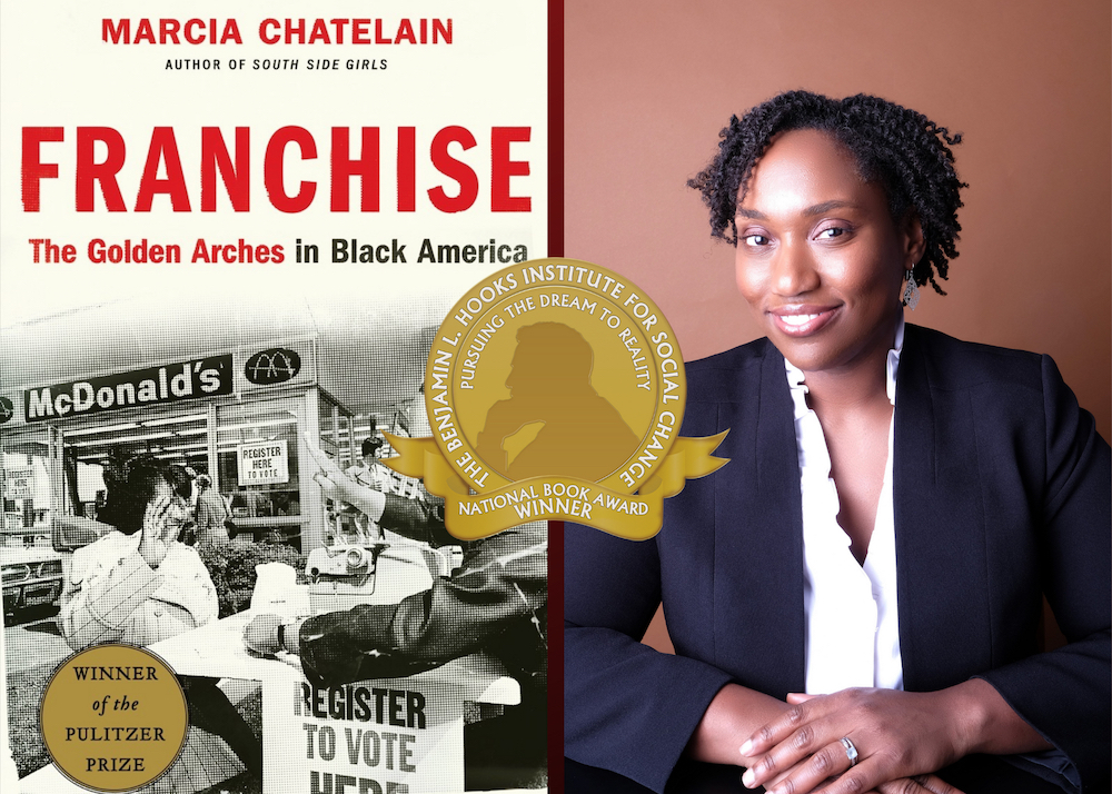 Book cover of "Franchise" (left) and Marcia Chatelain (right).