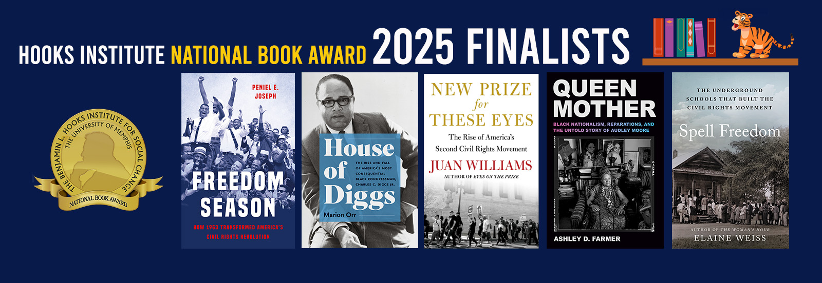 A graphic of a library shelf containing the covers of the five finalists for the 2025 Hooks National Book Award. 