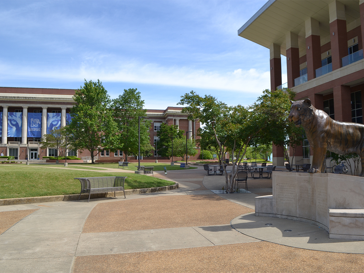 The Admin Building, the University Center and Tom the Tiger