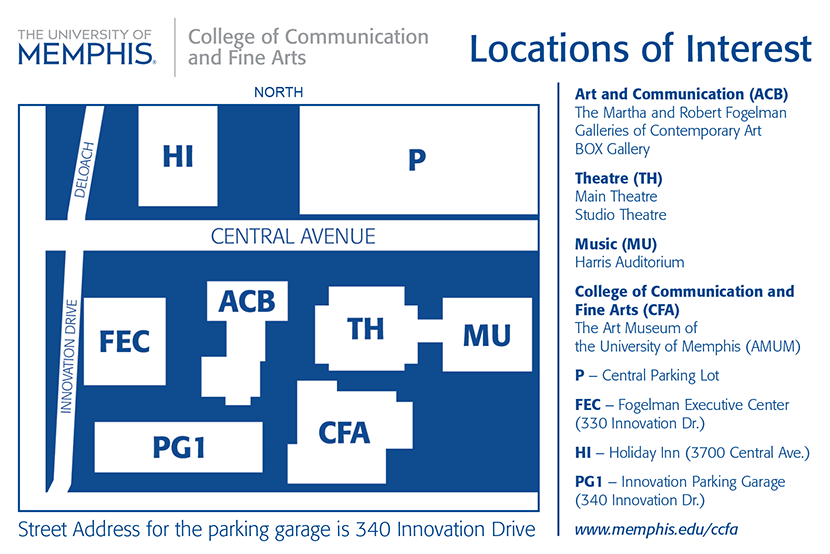 venue map and parking information for College of Communication and Fine Arts