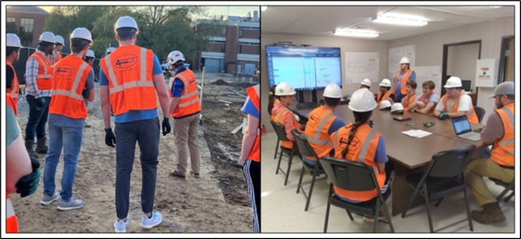 two pictures of students visiting construction sites