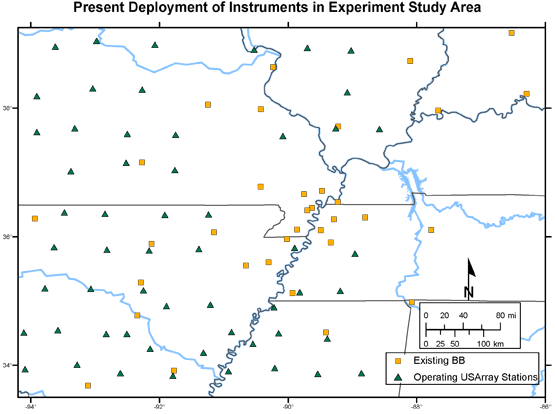 Present deployment of instruments in experiment study area