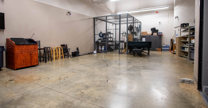Backstage storage and load-in area for the Rose Theatre main stage