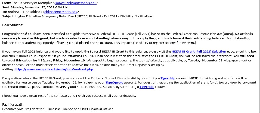 HEERF III Grant Eligibility Notification (screenshot of email sent November 15, 2021