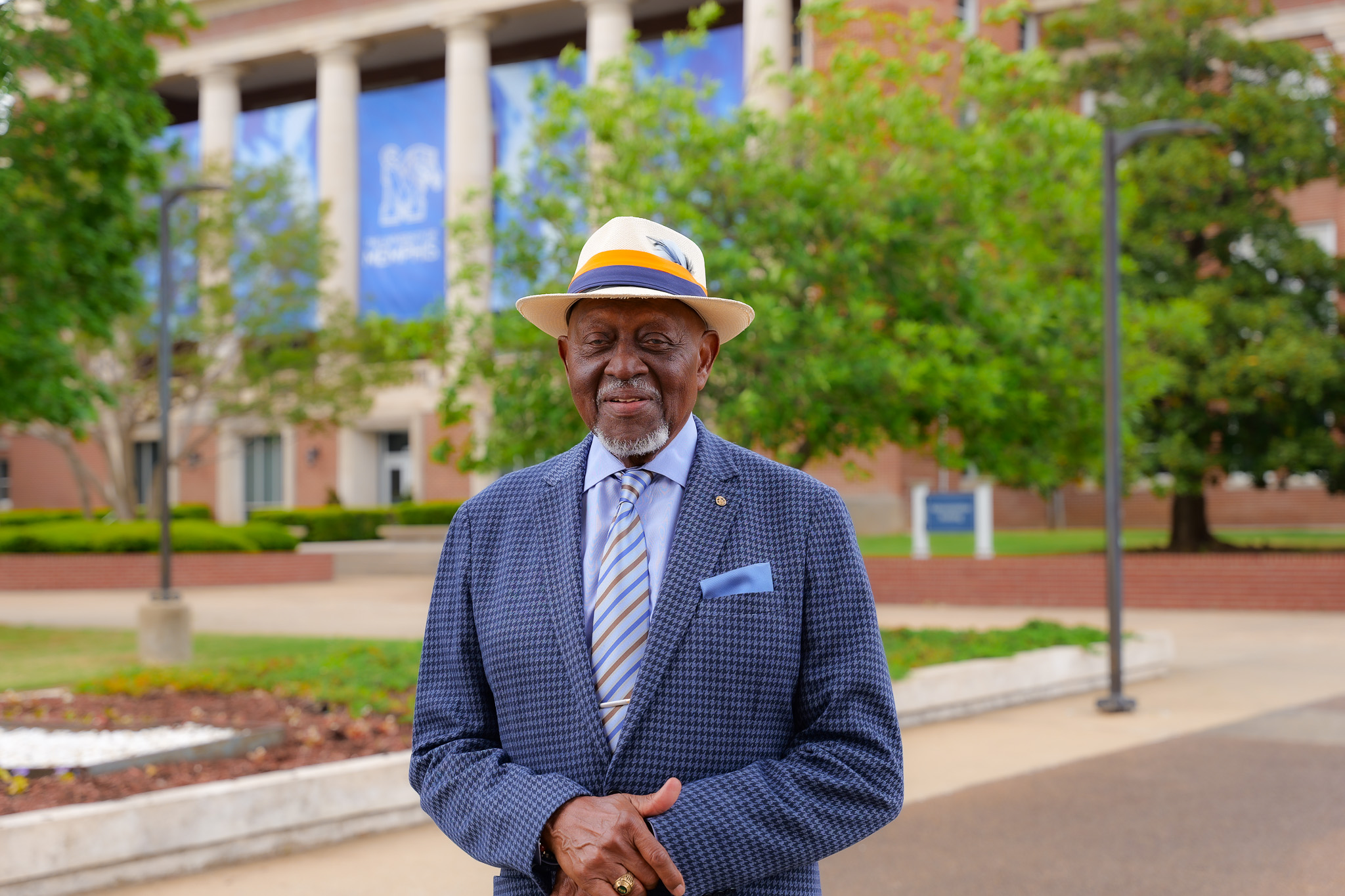 Dr. James O. Catchings stands on the University of Memphis campus during a College of Education alumni feature interview.