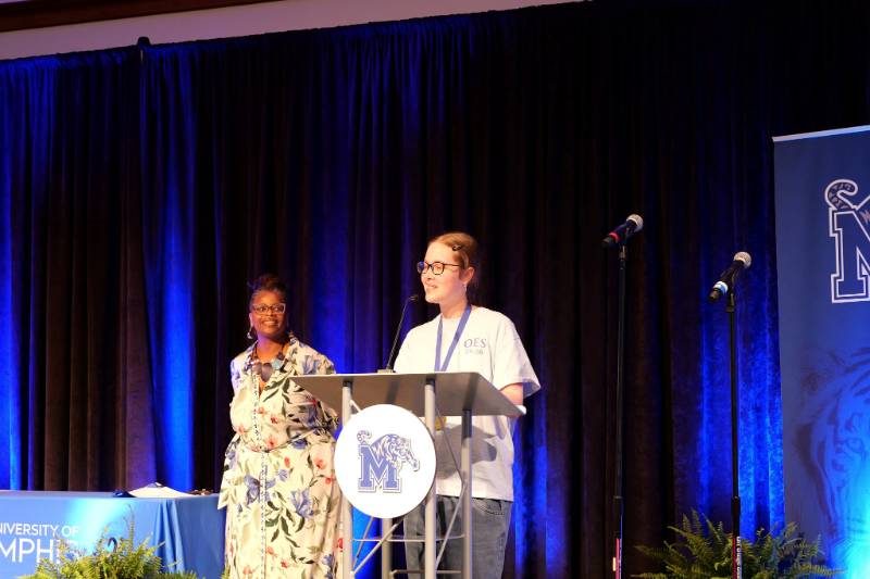 Madison Milius speaks at the Teacher Education End of Year Celebration.