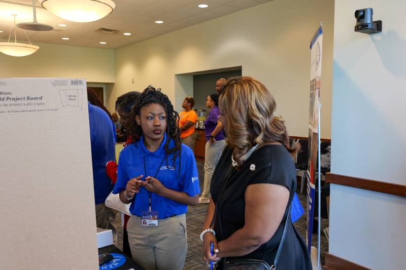 A student participates in the Connect 4ward Student & Parent Exhibition, showcasing skills developed through postsecondary transition programs.