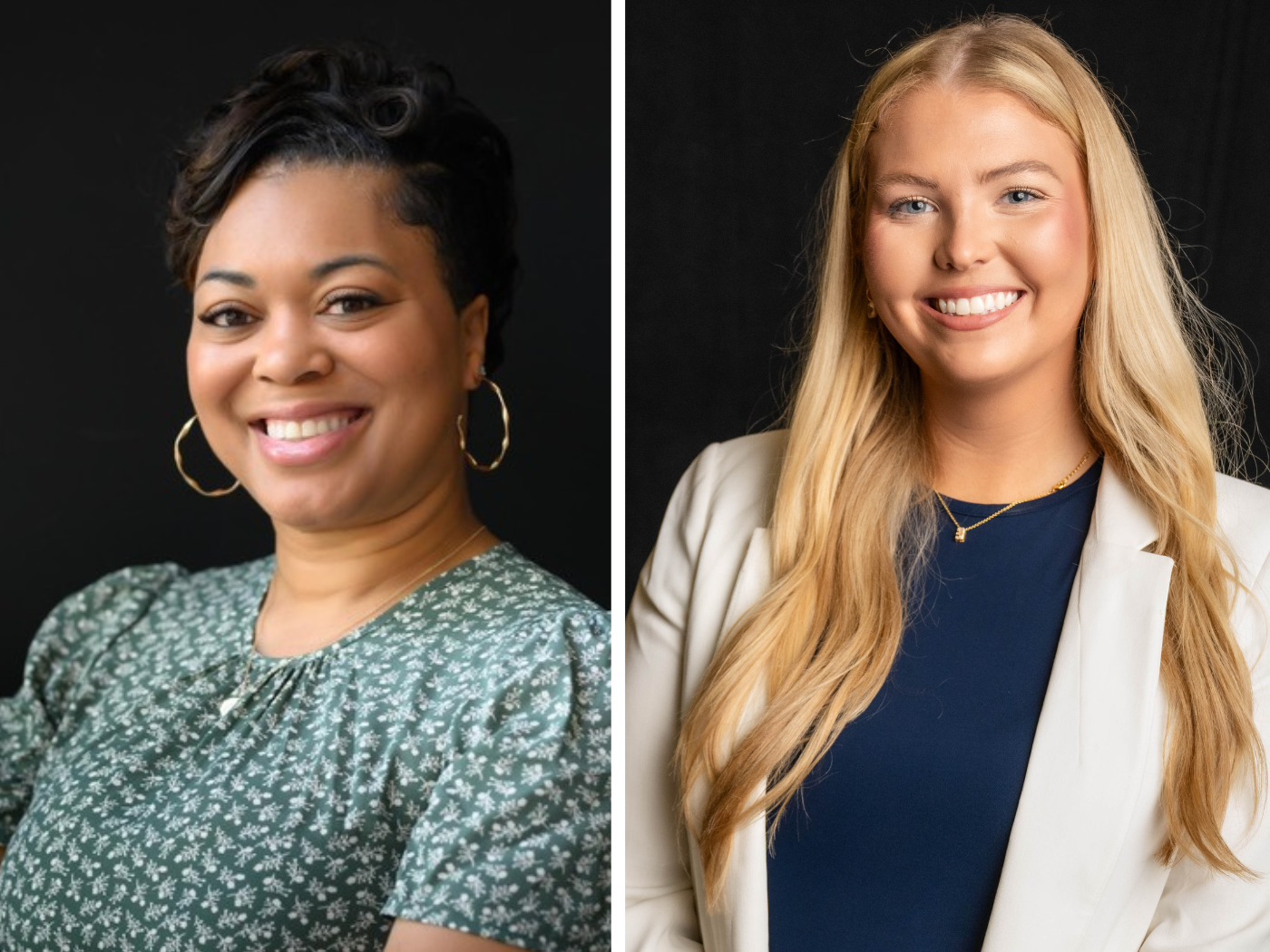 Recommended size: 800 × 600 px Side-by-side portraits of University of Memphis College of Education graduates Darcy Dawn Robinson and Ella Grace Decker.