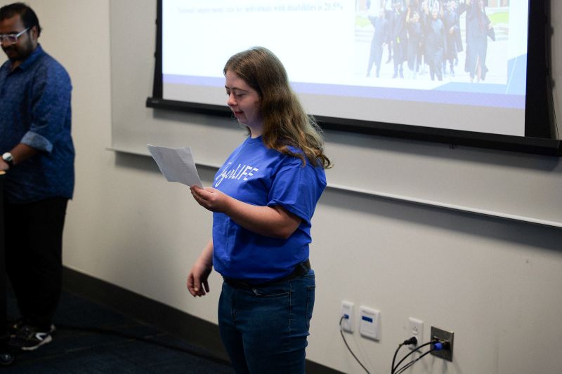 A TigerLIFE student delivers a presentation during a campus event at the University of Memphis.
