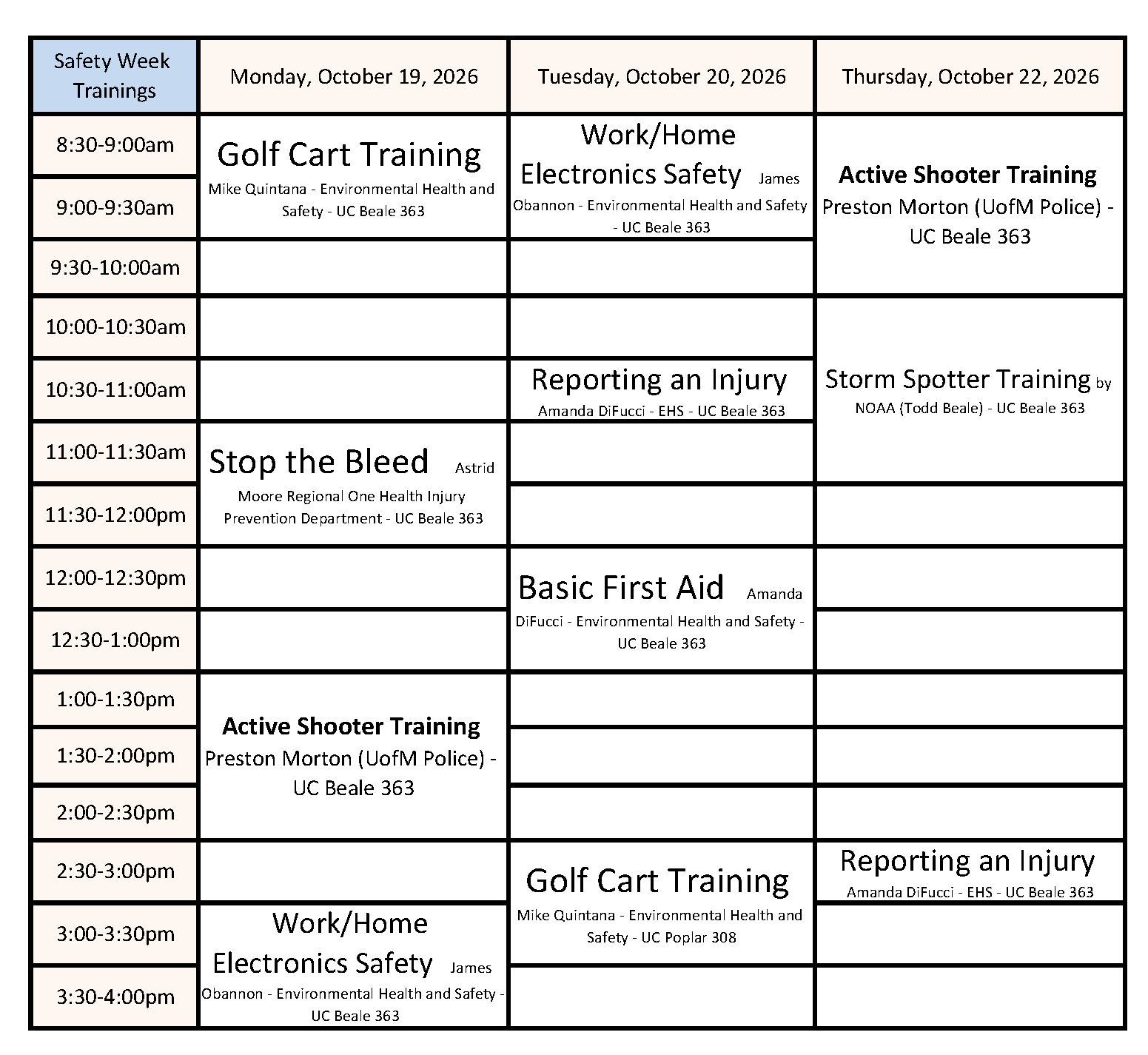 Safety Week Training Schedule