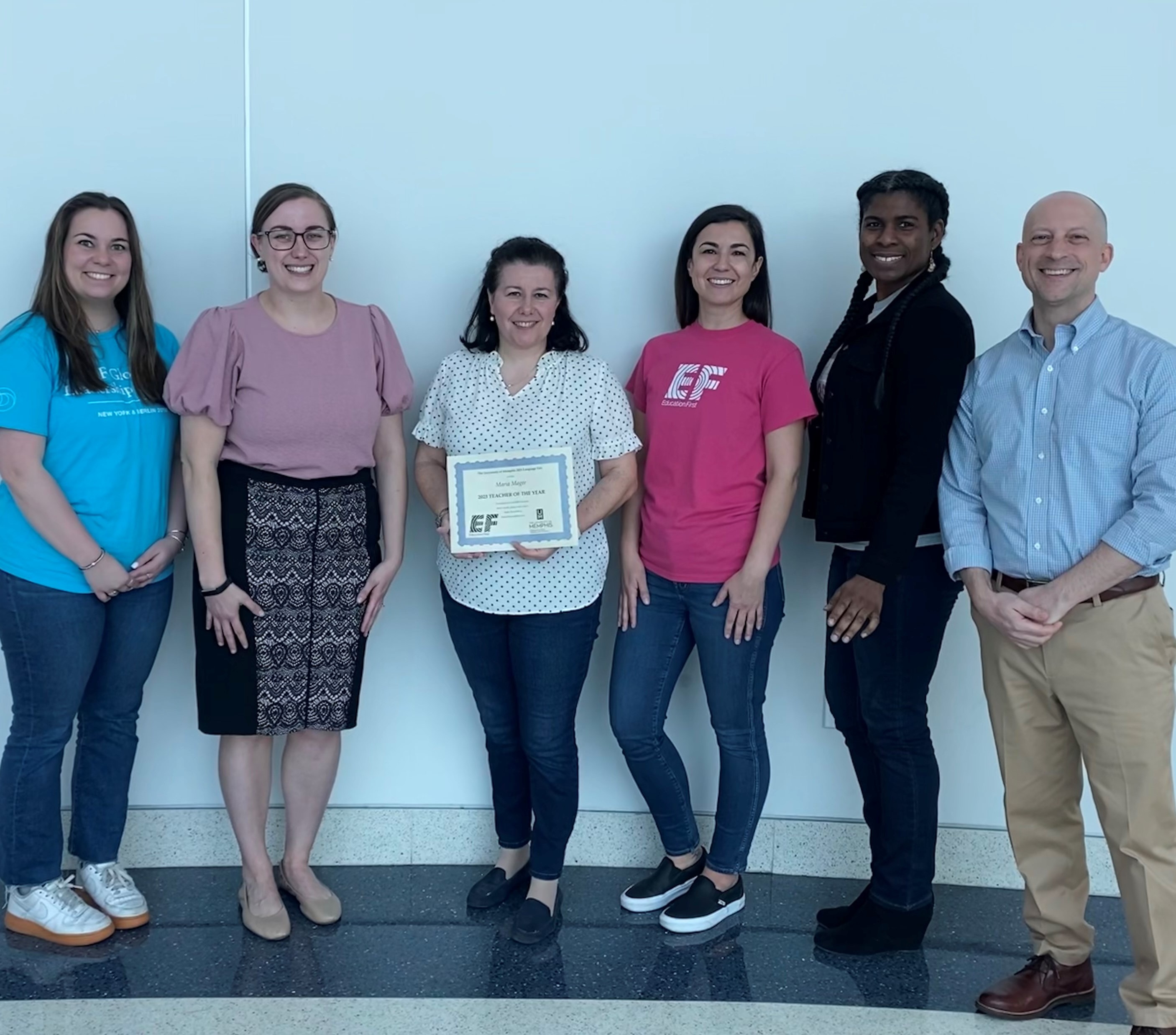 Pictured (left to right): Jackie Robert (EF Tours), Jessica Charlton (Medical District High School), Maria Magee (White Station High School), Malia Rummell (EF Tours), Nacole Espada (East High School), Robert Kelz (Chair, University of Memphis Department of World Languages and Literatures).