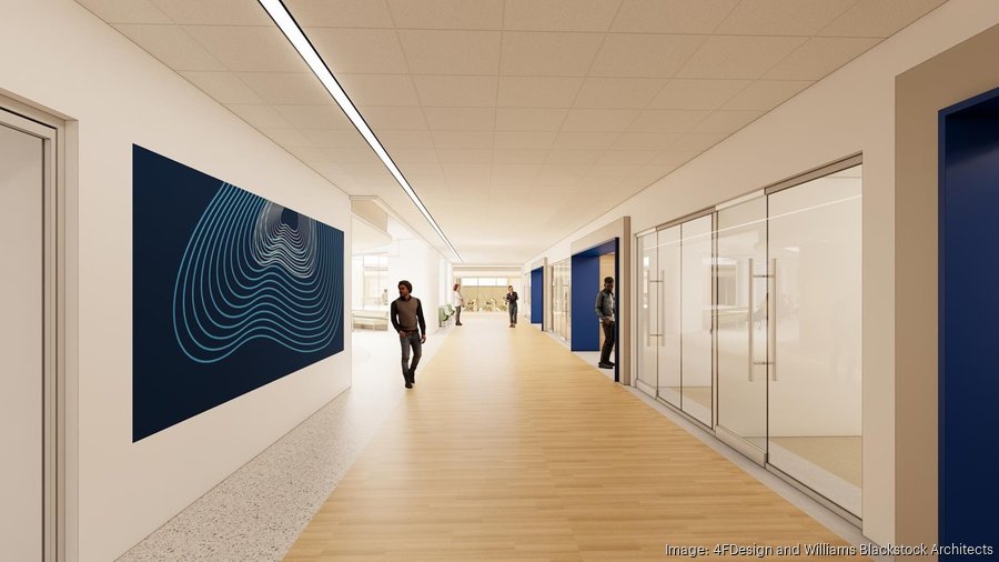 Rendering of a hallway in the Fogelman College of Business and Economics after renovations
