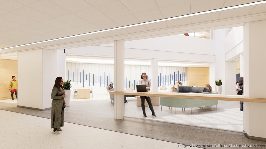 Rendering of a gathering area in the Fogelman College of Business and Economics after renovations