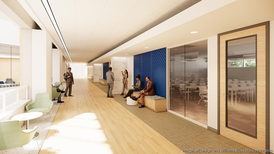 Rendering of the area outside of a large classroom at the Fogelman College of Business and Economics