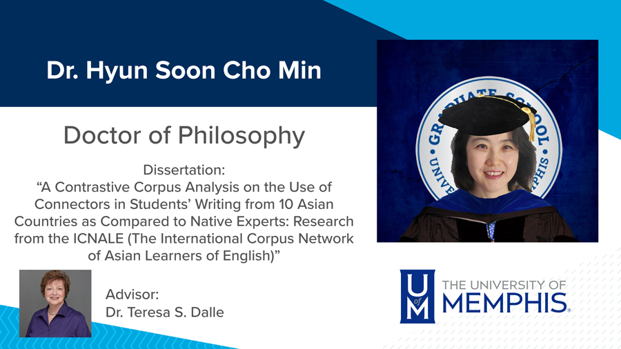 Dr. Hyun Soon Cho Min, Dissertation: “A Contrastive Corpus Analysis on the use of Connectors in Students’ Writing from 10 Asian Countries as Compared to Native Experts: Research from the ICNALE (The International Corpus Network of Asian Learners of English)” Major Professor: Dr. Teresa S. Dalle