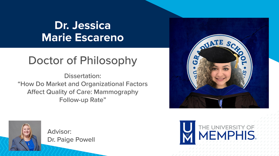 Dr. Jessica Marie Escareno, Dissertation: “How do Market and Organizational Factors Affect Quality of Care: Mammography Follow-up Rate” Major Professor: Dr. Paige Powell