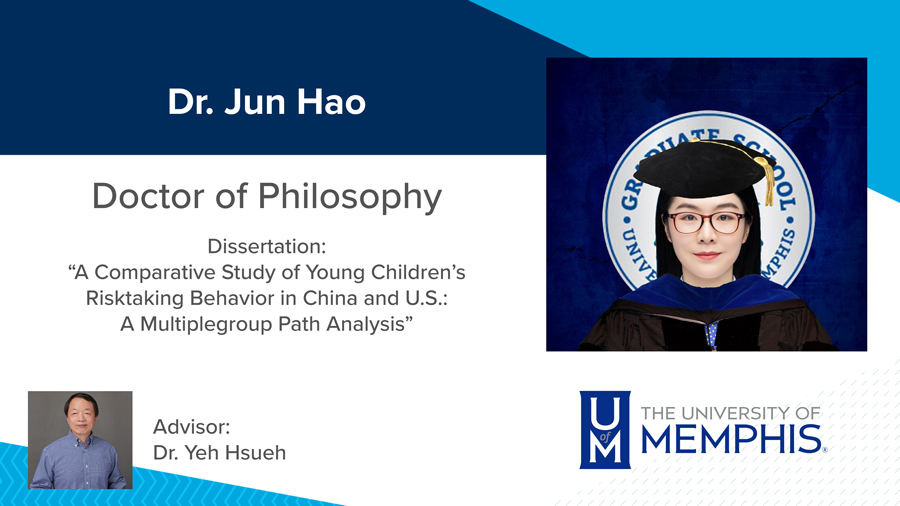 Dr. Jun Hao, Dissertation: “A Comparative Study of Young Children’s Risktaking Behavior in China and U.S.: A Multiplegroup Path Analysis” Major Professor: Dr. Yeh Hsueh