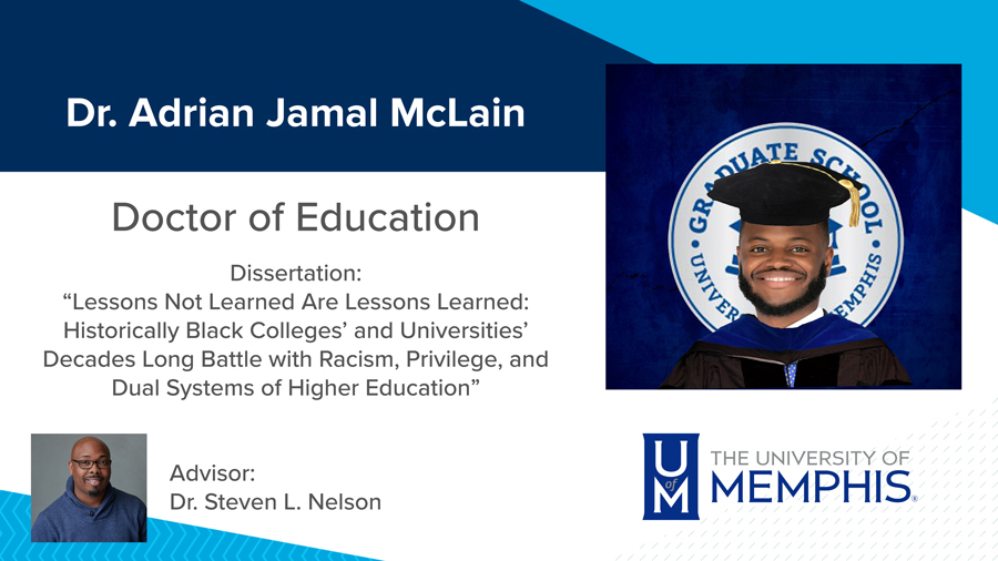Dr. Adrian Jamal McLain, Dissertation: “Lessons not Learned are Lessons Learned: Historically Black Colleges’ and Universities’ Decades Long Battle with Racism, Privilege, and Dual Systems of Higher Education” Major Professor: Dr. Steven L. Nelson