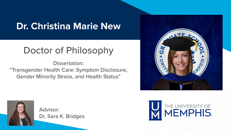 Dr. Christina Marie New, Dissertation: “Transgender Health Care: Symptom Disclosure, Gender Minority Stress, and Health Status” Major Professor: Dr. Sara K. Bridges