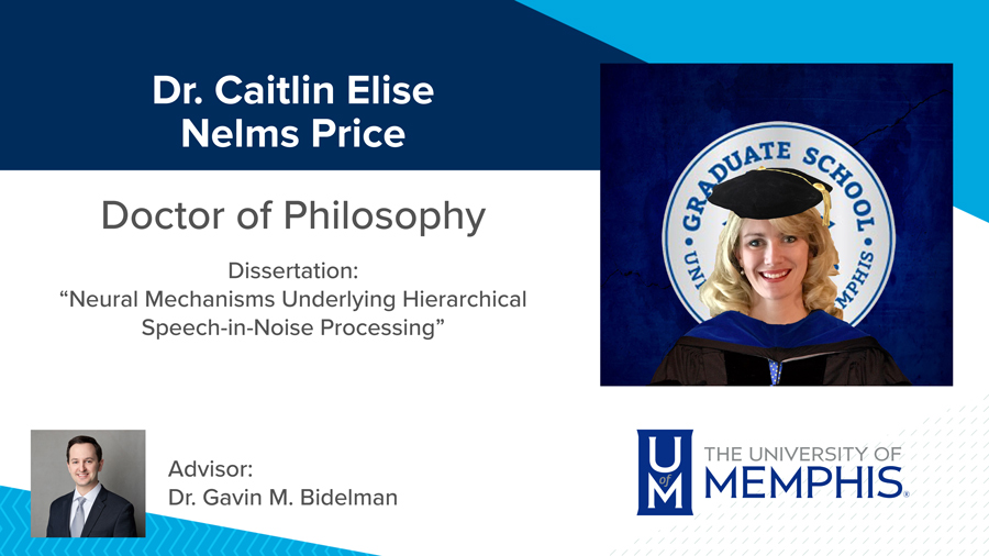 Dr. Caitlin Elise Nelms Price, Dissertation: “Neural Mechanisms Underlying Hierarchical Speech-in-Noise Processing” Major Professor: Dr. Gavin M. Bidelman