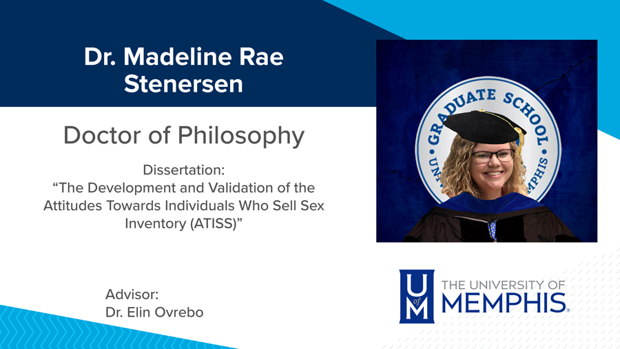 Dr. Madeline Rae Stenersen, Dissertation: “The Development and Validation of the Attitudes Towards Individuals who Sell Sex Inventory (ATISS)” Major Professor: Dr. Elin Ovrebo