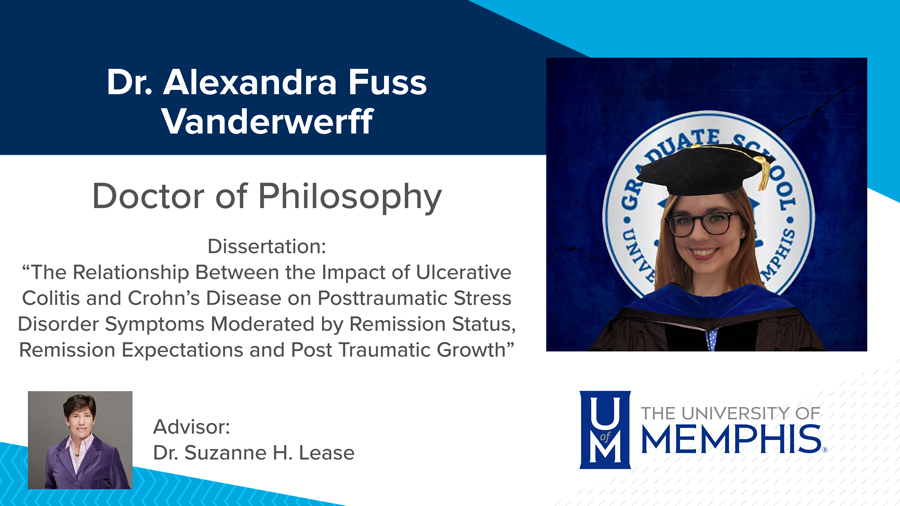 Dr. Alexandra Fuss Vanderwerff, Dissertation: “The Relationship between the Impact of Ulcerative Colitis and Crohn’s Disease on Posttraumatic Stress Disorder Symptoms Moderated by Remission Status, Remission Expectations and Post Traumatic Growth” Major Professor: Dr. Suzanne H. Lease