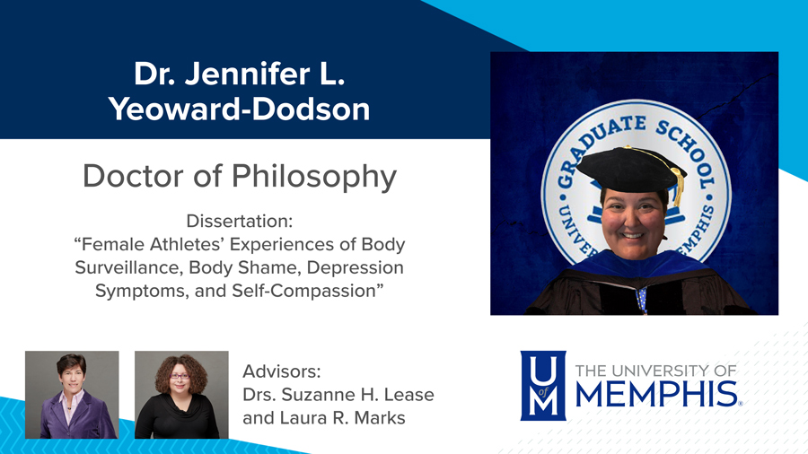 Dr. Jennifer L. Yeoward-Dodson, Dissertation: “Female Athletes’ Experiences of Body Surveillance, Body Shame, Depression Symptoms, and Self-Compassion” Major Professors: Dr. Suzanne H. Lease and Dr. Laura R. Marks