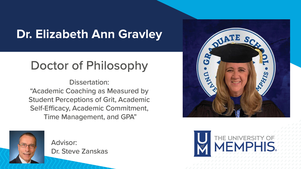 Dr. Elizabeth Gravely, Dissertation title:  "Academic Coaching as Measured by Student Perceptions of Grit, Academic Self-Efficacy, Academic Commitment, Time Management, and GPA", Major Professor: Dr. Stephen A.  Zanskas