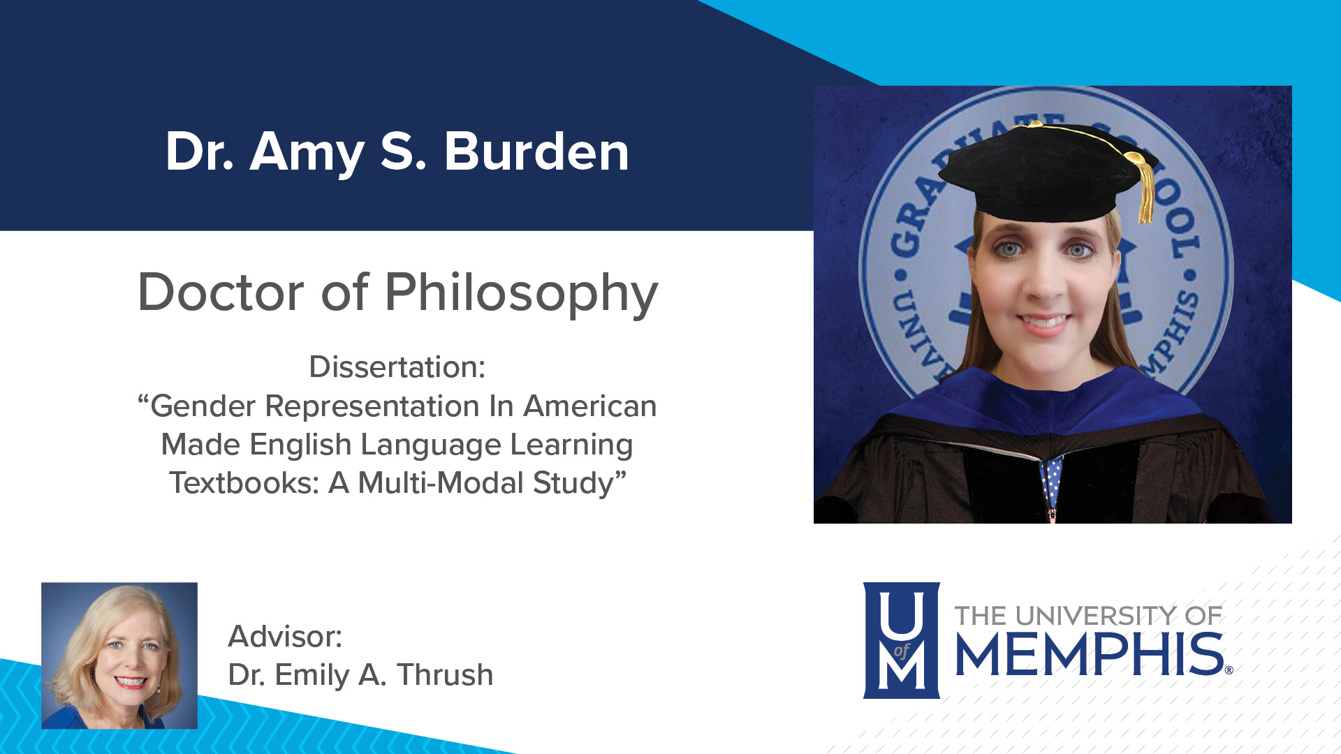 Dr. Amy S Burden Doctor of Philosophy Dissertation: “Gender Representation In American Made English Language Learning Textbooks: A Multi-Modal Study” Advisor: Dr. Emily A Thrush