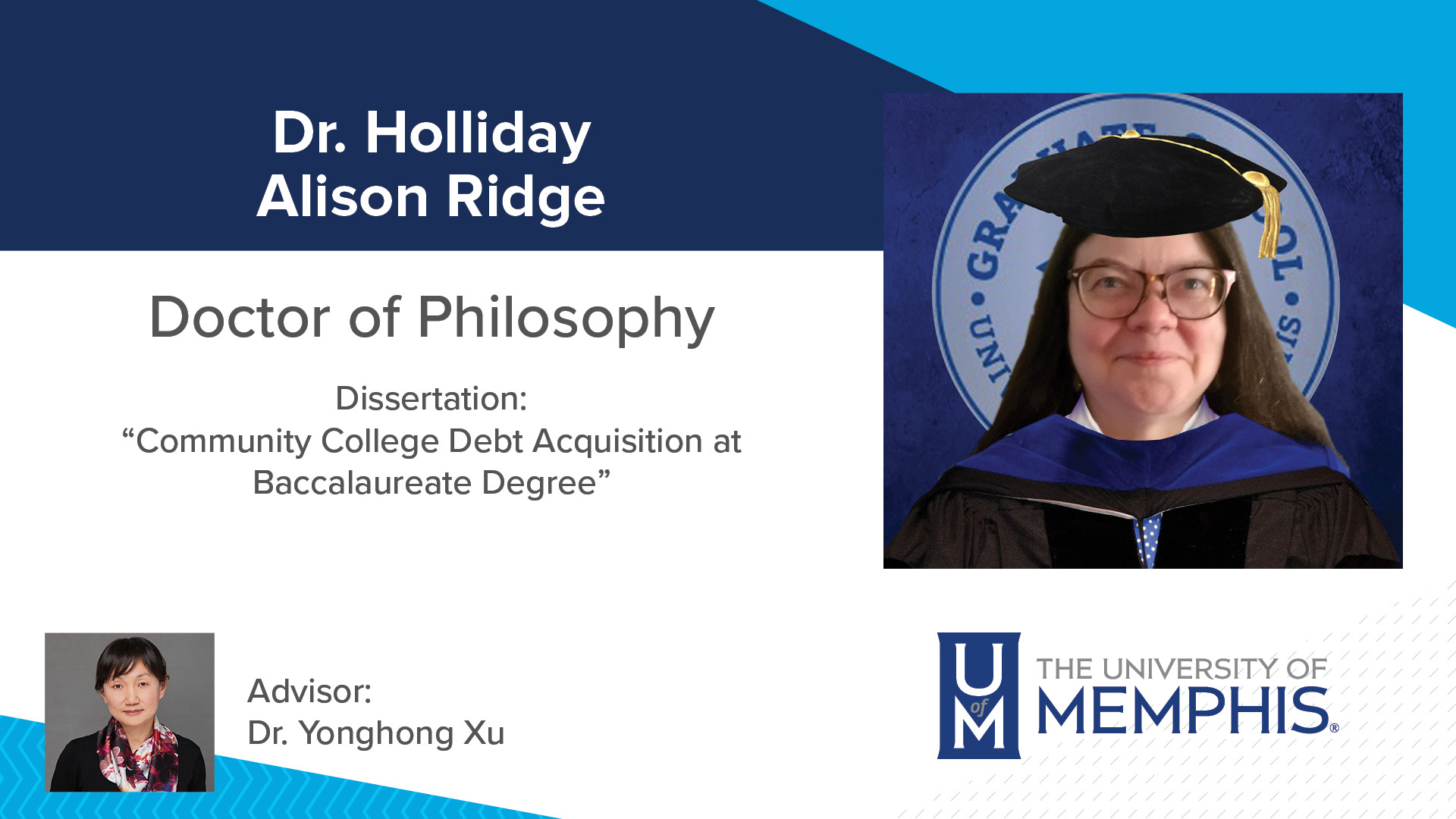 Dr. Holliday Alison Ridge Dissertation: “Community College Debt Acquisition at Baccalaureate Degree” Major Professor: Dr. Yonghong Xu