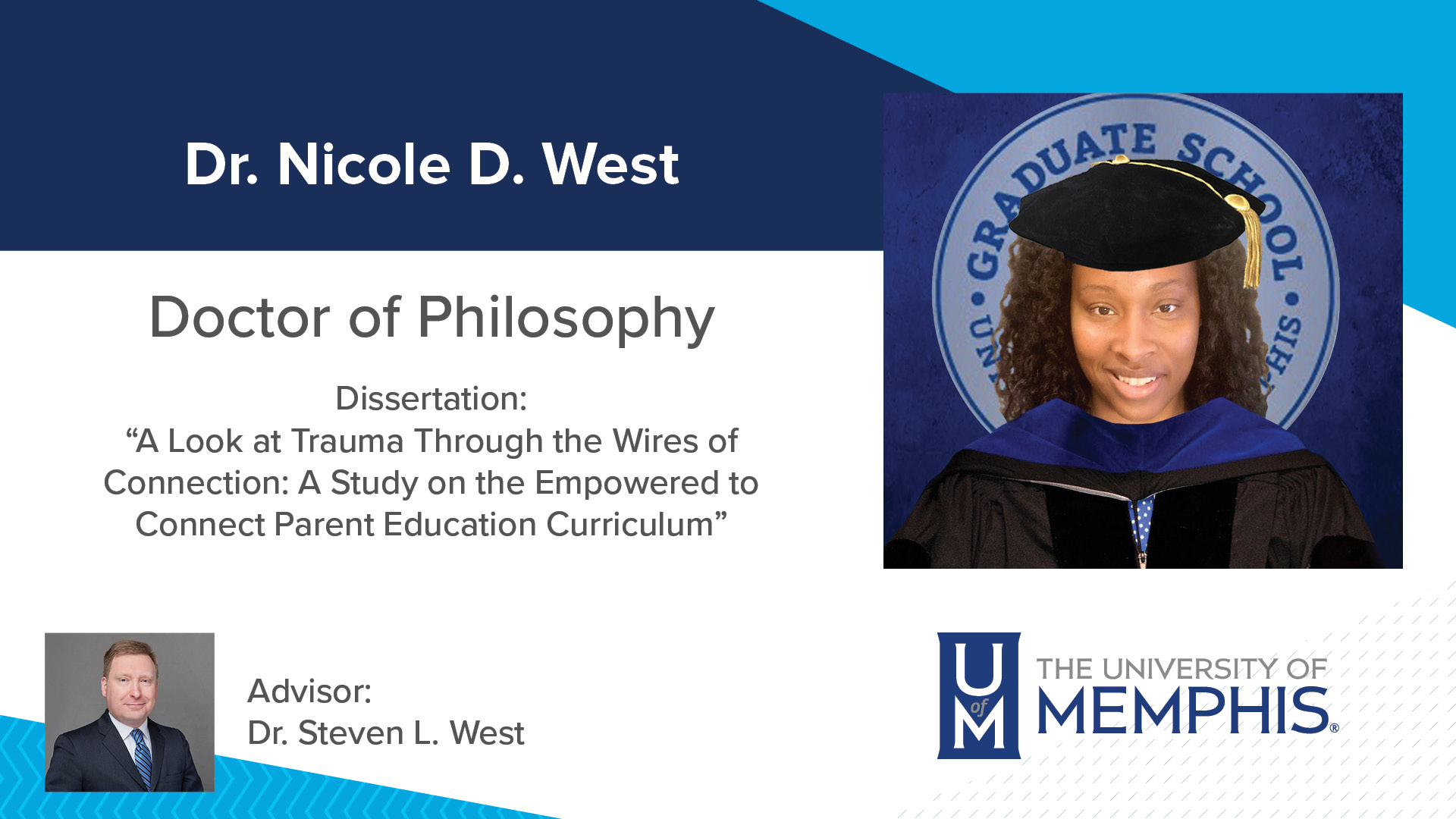 Dr. Nicole D. West Dissertation: “A Look at Trauma through the Wires of Connection: A Study on the Empowered to Connect Parent Education Curriculum ” Major Professor: Dr. Steven L. West
