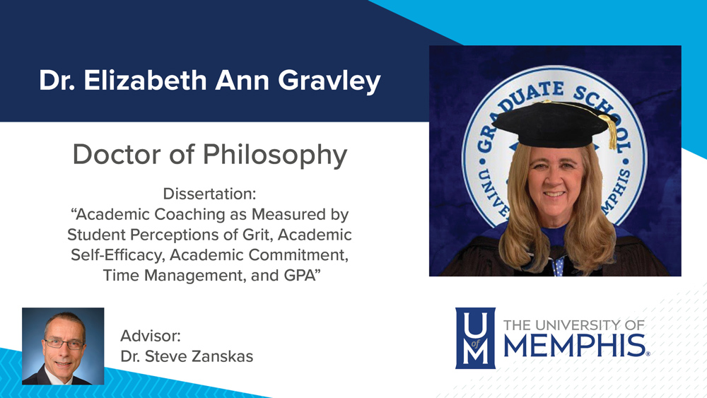 Dr. Elizabeth Gravely, Dissertation title: "Academic Coaching as Measured by Student Perceptions of Grit, Academic Self-Efficacy, Academic Commitment, Time Management, and GPA", Major Professor: Dr. Stephen A. Zanskas