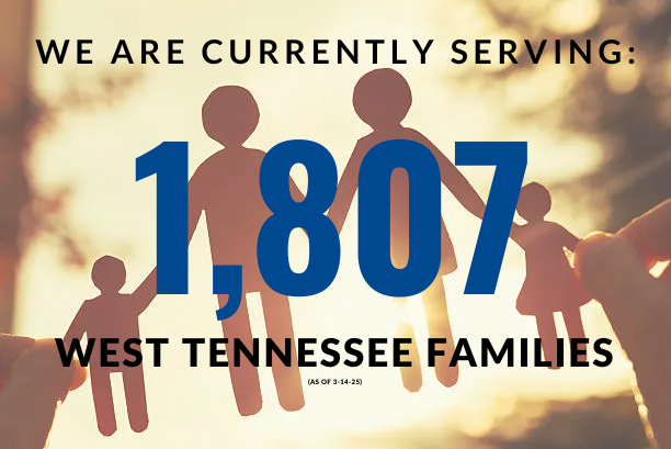 Graphic of a paper cutout family backlit with the sun. The text reads "Currently Serving 1,807 West Tennessee Families 