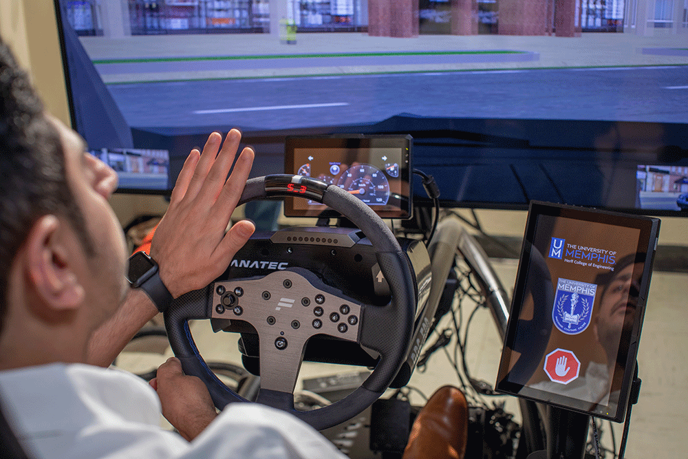student in driving simulator