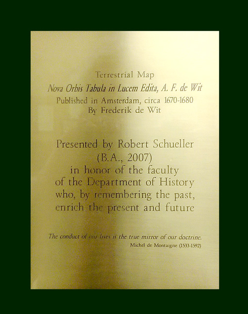 Plaque accompanying the Schueller embroidered map of the world