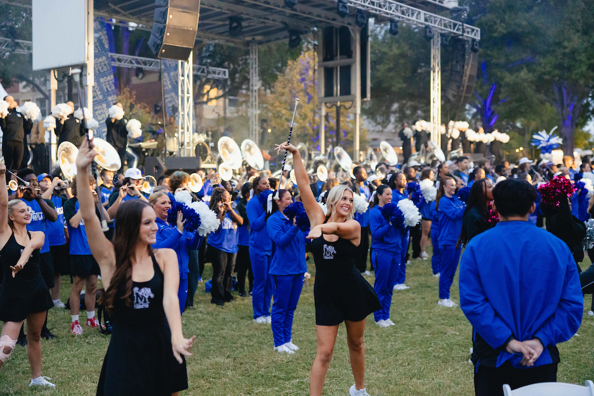 UofM Mighty Sound of the South band and Pom and Cheer teams hype the crowd during RoarFest
