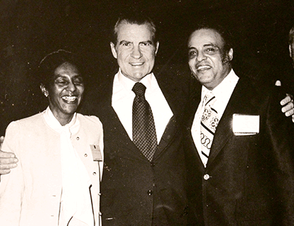 Frances Hooks (left), President Richard Nixon (center) and Benjamin L. Hooks (right).