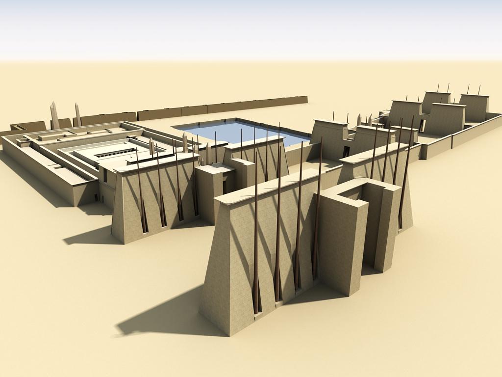 Reconstructed model of the layout of the Second Pylon (foreground) and  Third Pylon (background). © UCLA digital Karnak.