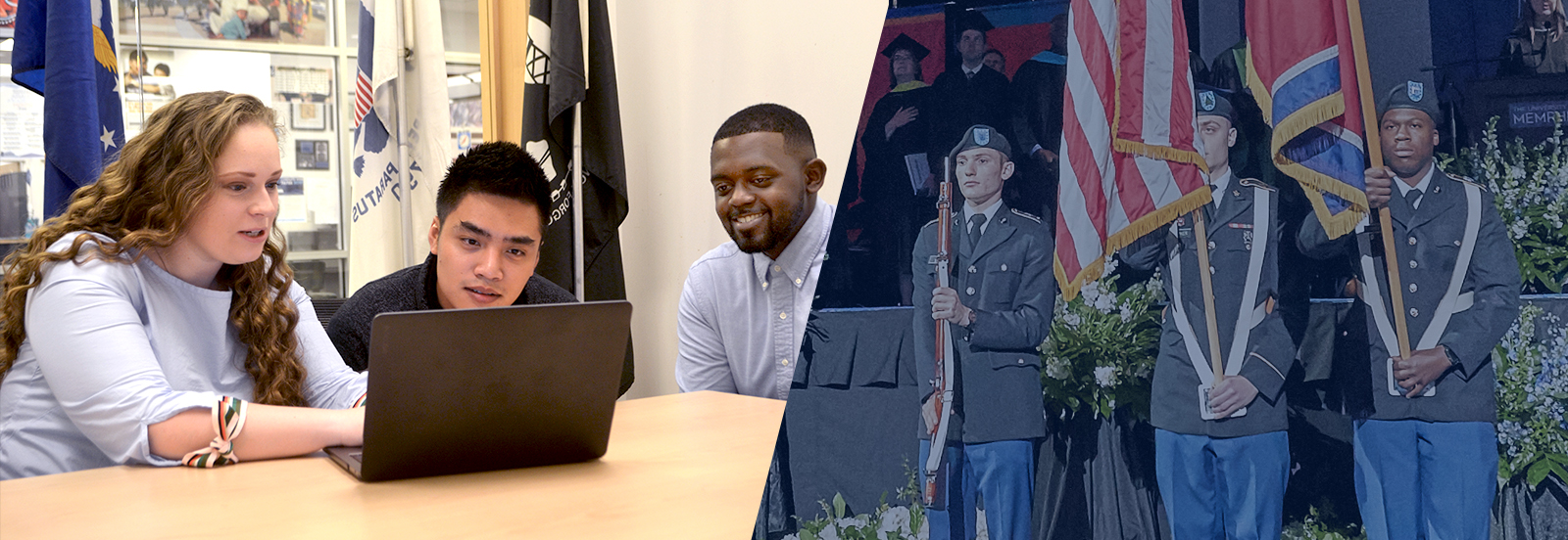 header image with 2 photos: advisor meeting with 2 students in VRC; ROTC members with flags at Commencement Ceremony