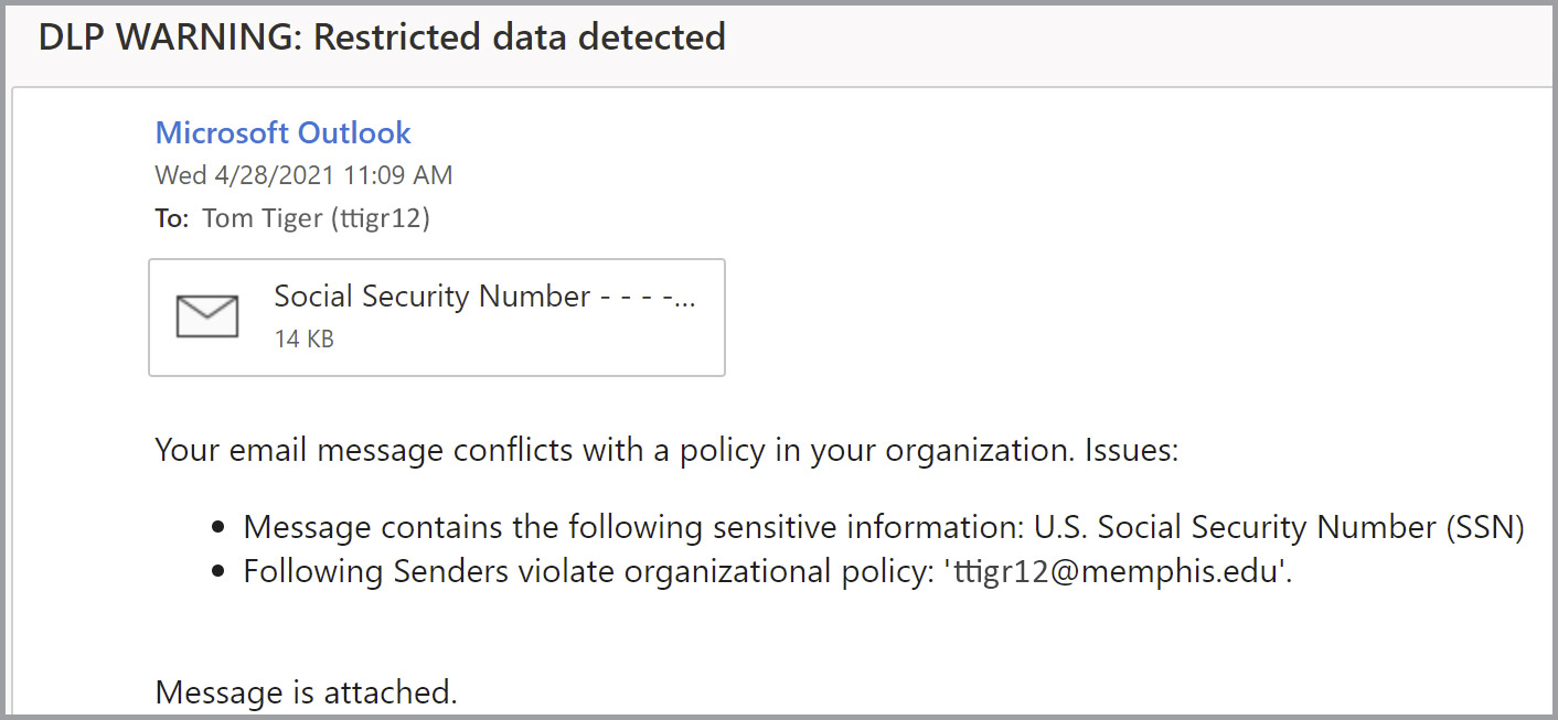 DLP warning email in Outlook 365